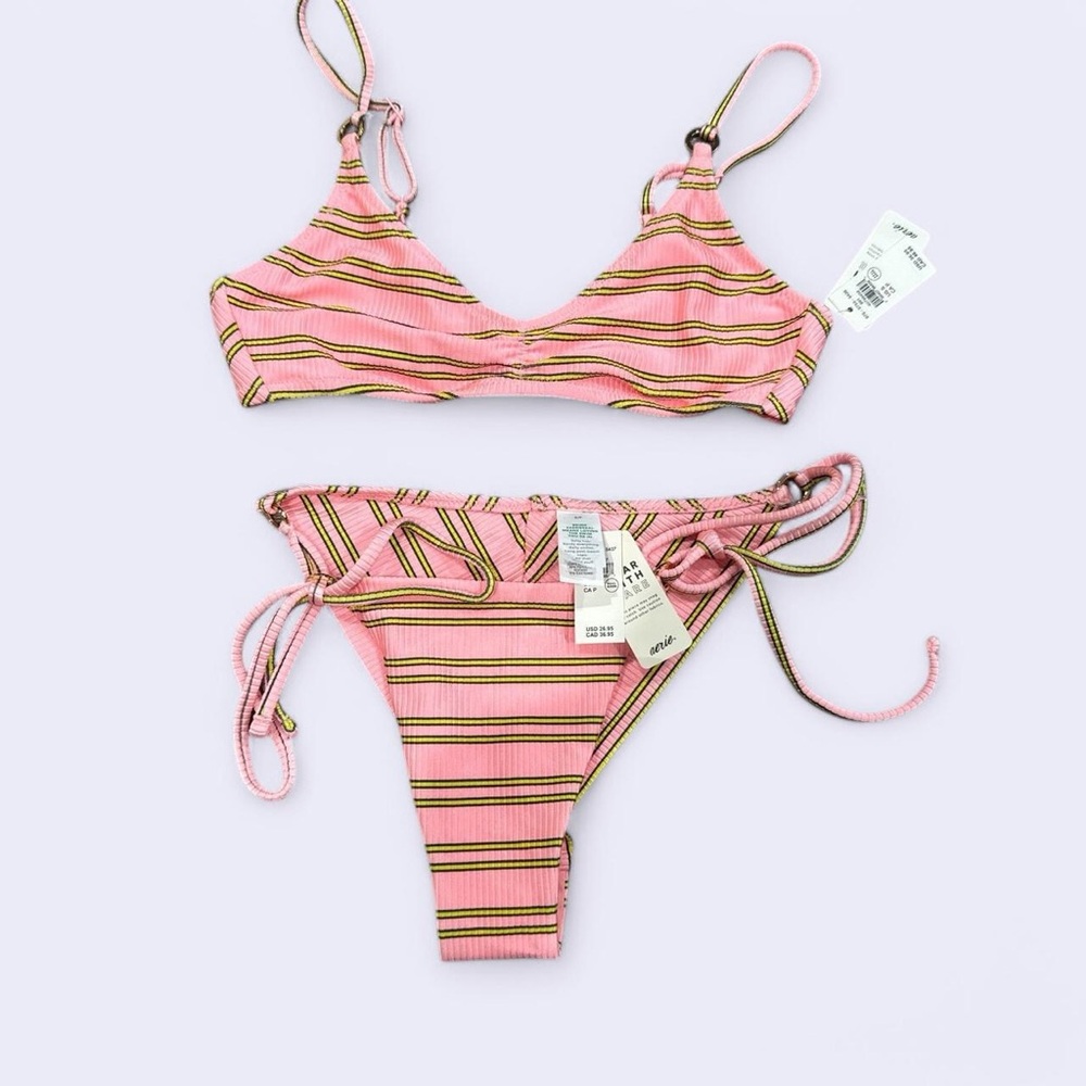 NWT Aerie Pink Striped Bikini Set